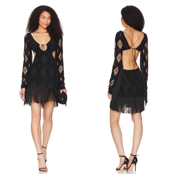 FOR LOVE & LEMONS Aubrey Crochet Fringe Long Sleeve Black Mini Dress Size Small - Picture 2 of 10